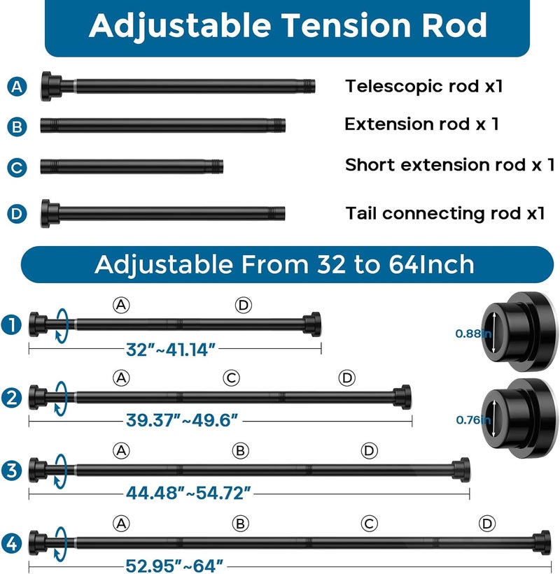 AIZESI Black Tension Curtain Rod 32-64 Inch Spring Loaded Curtain Rods No Drilling Spring Tension Rod Adjustable Curtain Rods for Window Doorway Bathroom Kitchen Closet, 7/8" Diameter - Image 2